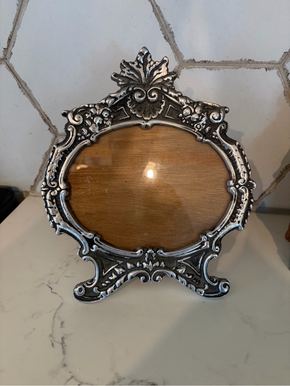 Vintage Ornate Silver Decorative Table Frame with Wood Backing